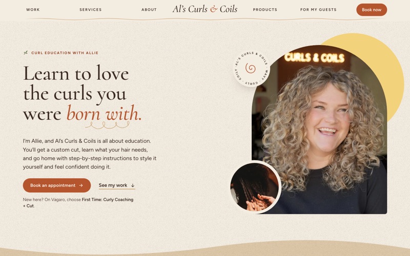 The Al's Curls & Coils homepage: the headline “Learn to love the curls you were born with” beside a photo of Allie, on a warm cream background.